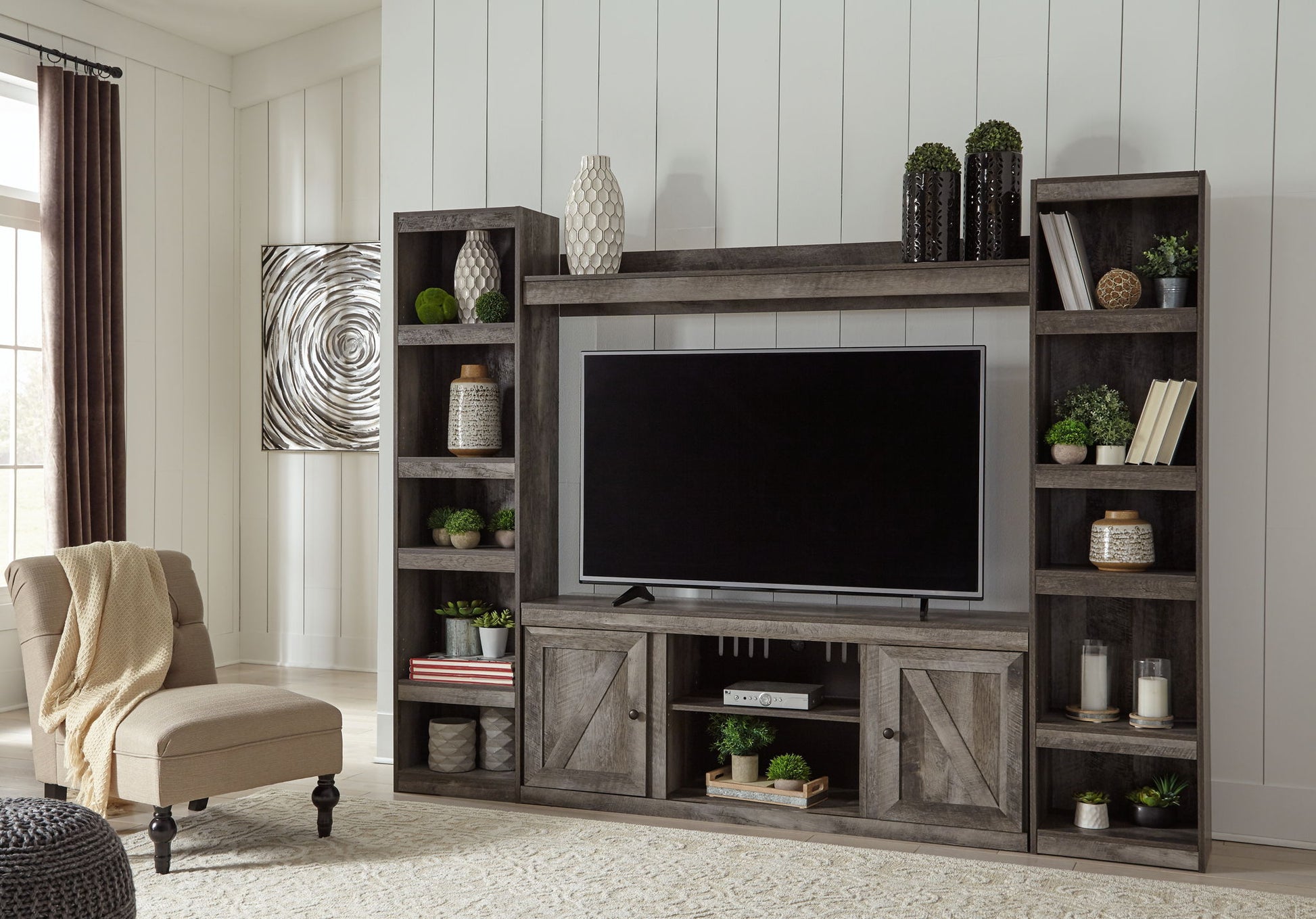 Wynnlow - Gray - 4 - Piece Entertainment Center With LG TV Stand W/Fireplace Option - Hornell Furniture Outlet