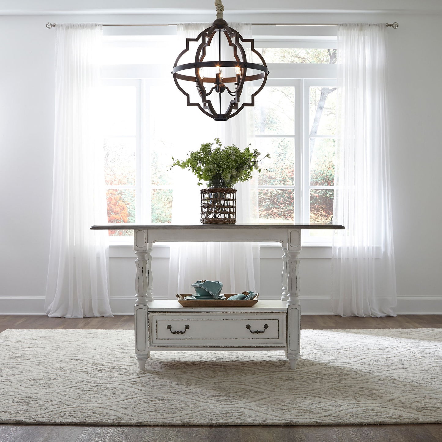 Magnolia Manor - 5 Piece Gathering Table Set - Upholstered Chairs - White - Hornell Furniture Outlet