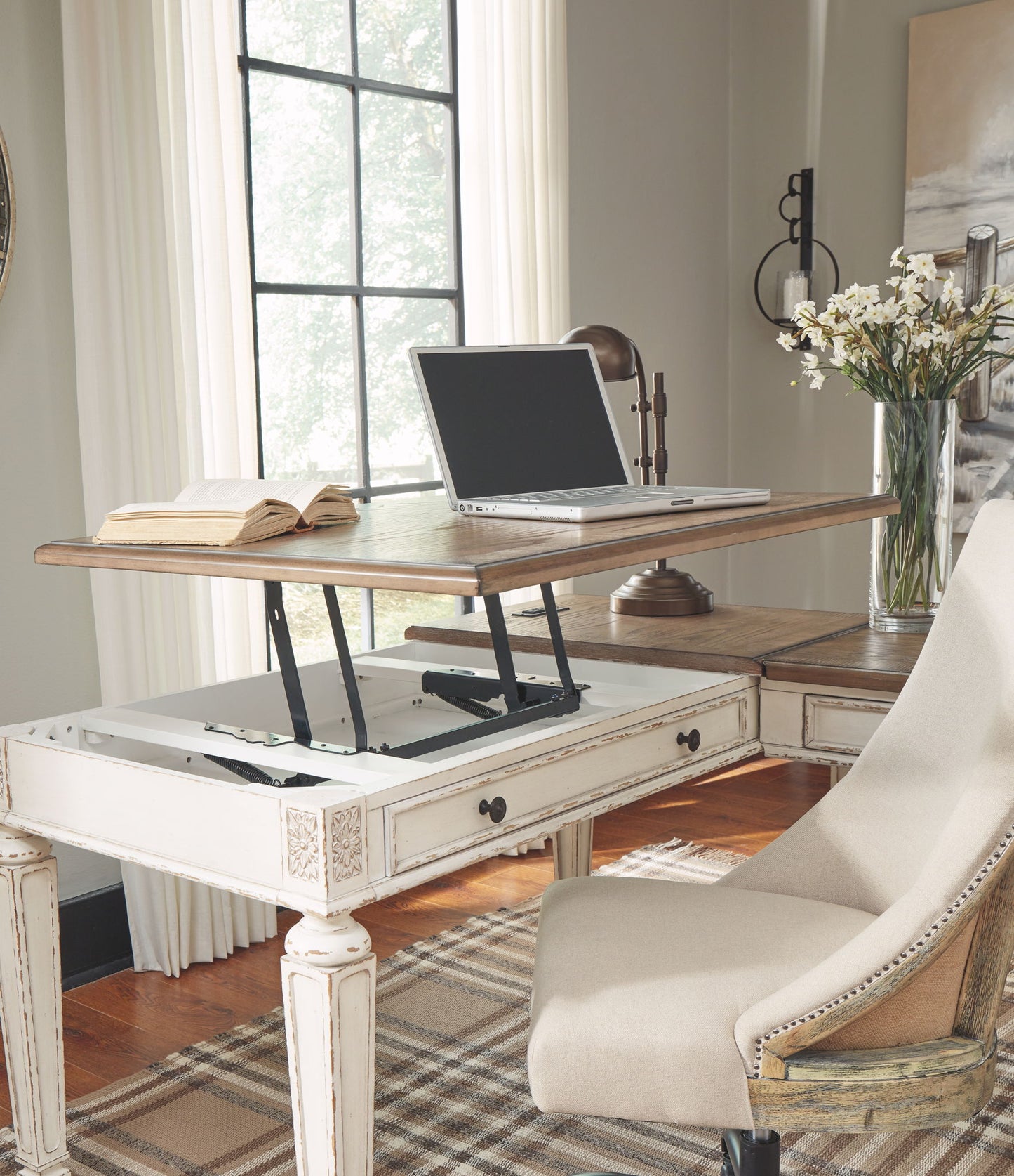 Realyn - White / Brown - Home Office Lift Top Desk - Hornell Furniture Outlet