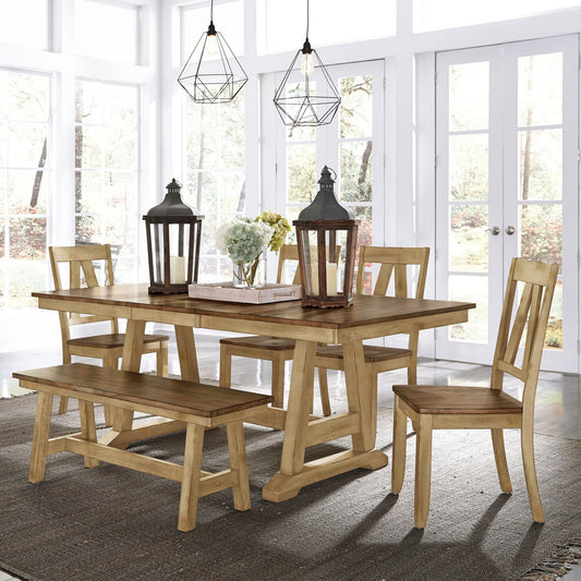 Lindsey Farm - 6 Piece Trestle Table Set - Natural & Brown - Hornell Furniture Outlet