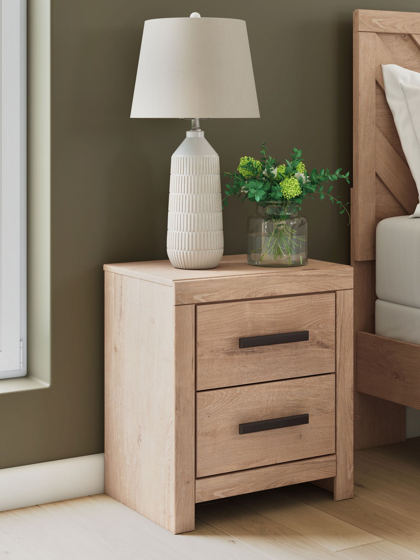 Sanginlane - Tan - Two Drawer Night Stand - Hornell Furniture Outlet