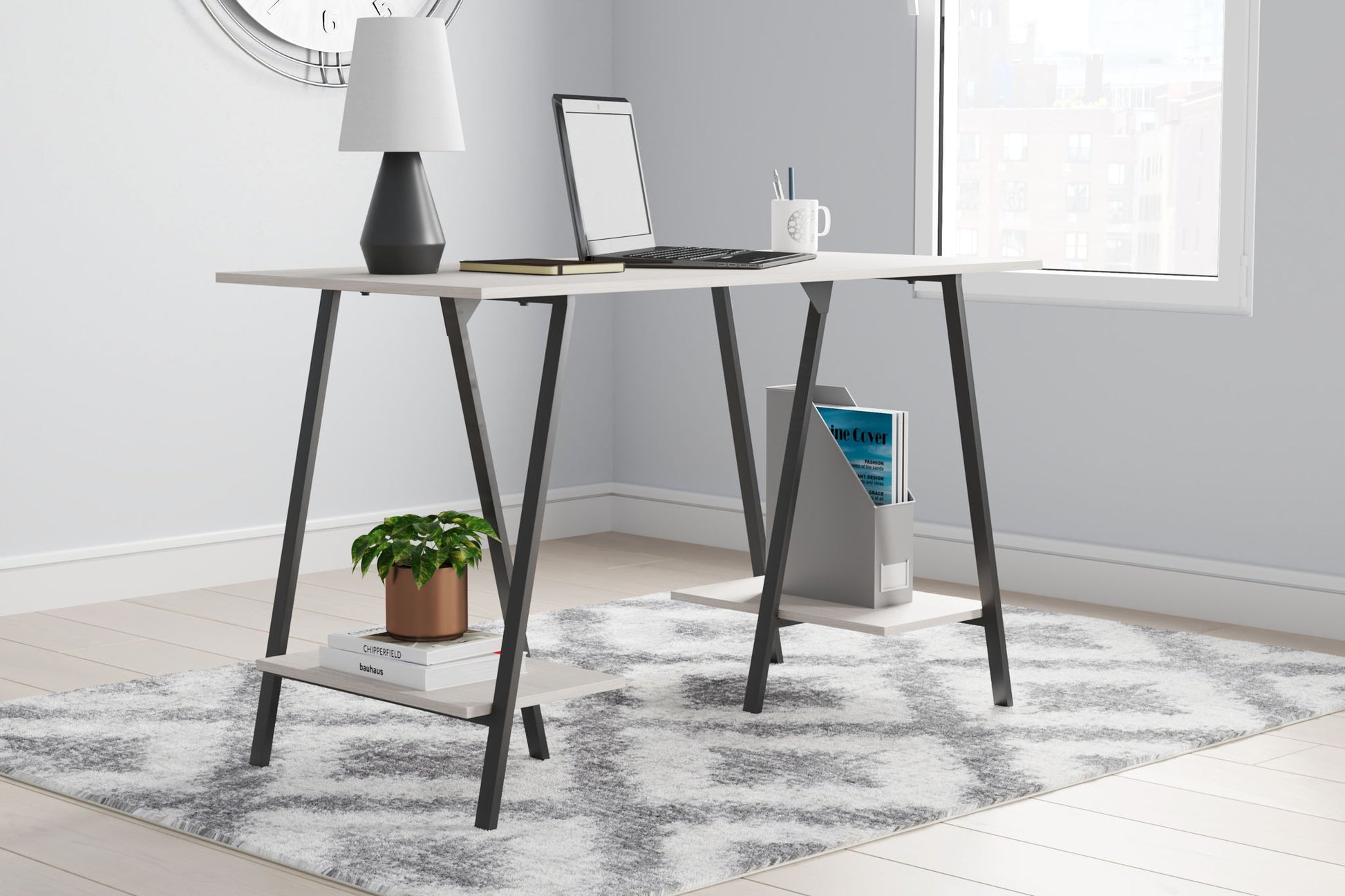 Bayflynn - White / Black - Home Office Desk - 2 Fixed Shelves - Hornell Furniture Outlet
