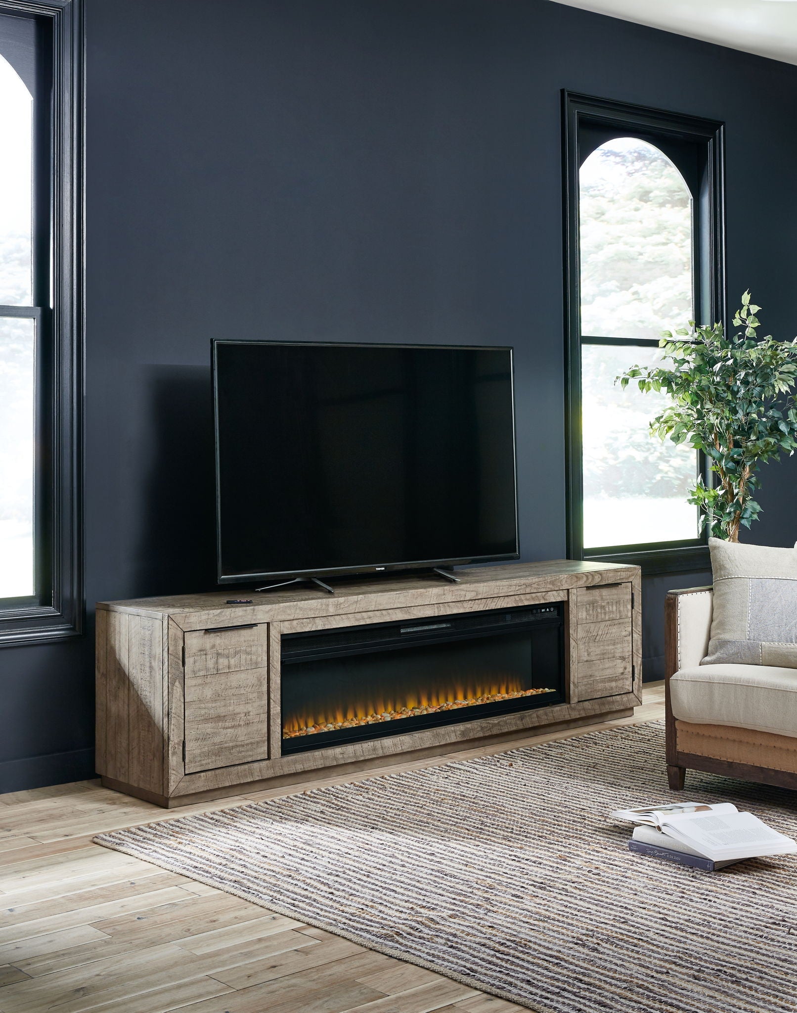 Krystanza - Weathered Gray - TV Stand with Wide Fireplace Insert - Hornell Furniture Outlet