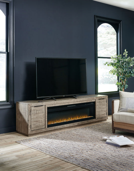 Krystanza - Weathered Gray - TV Stand with Wide Fireplace Insert - Hornell Furniture Outlet