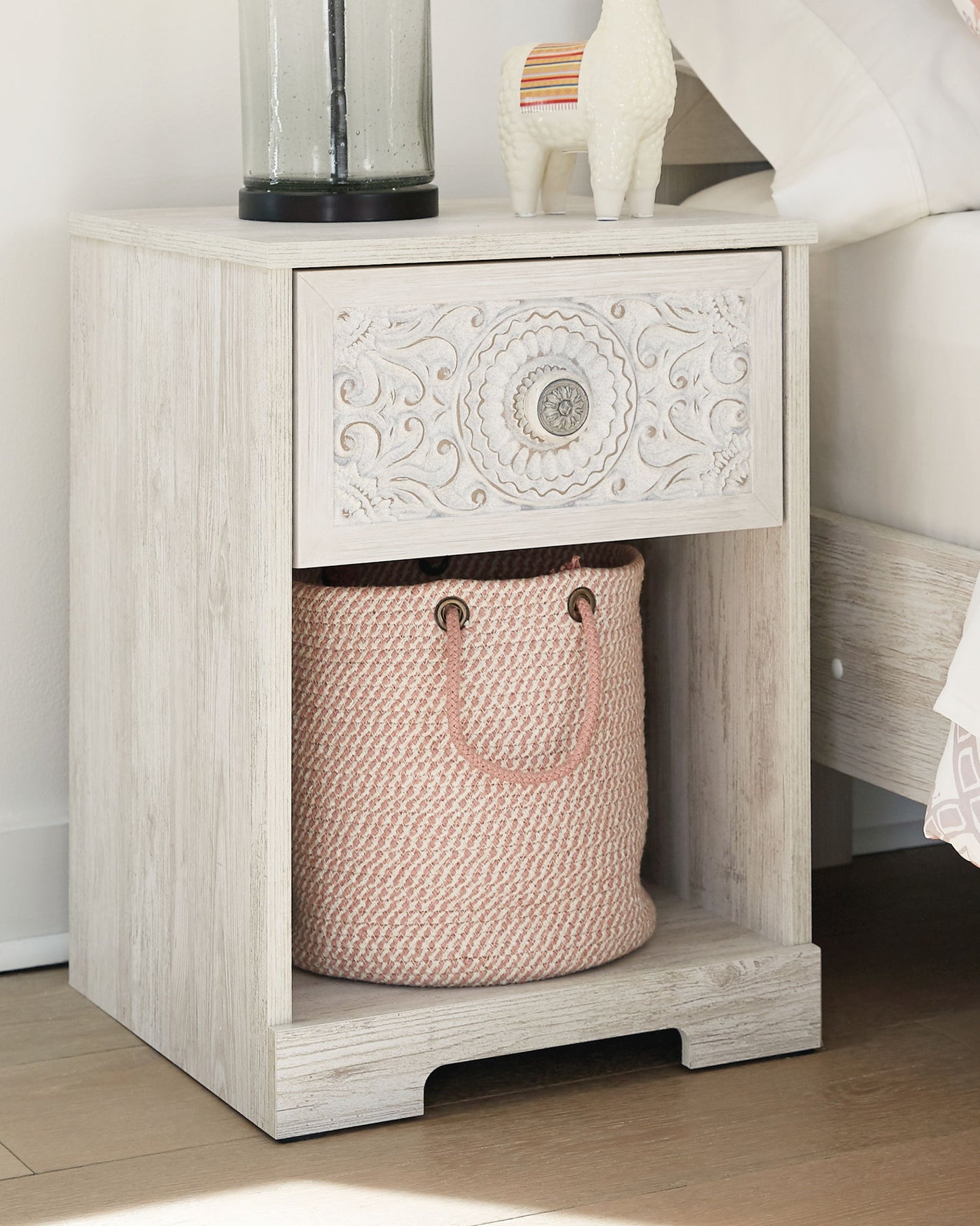 Paxberry - One Drawer Night Stand - Whitewash - Hornell Furniture Outlet