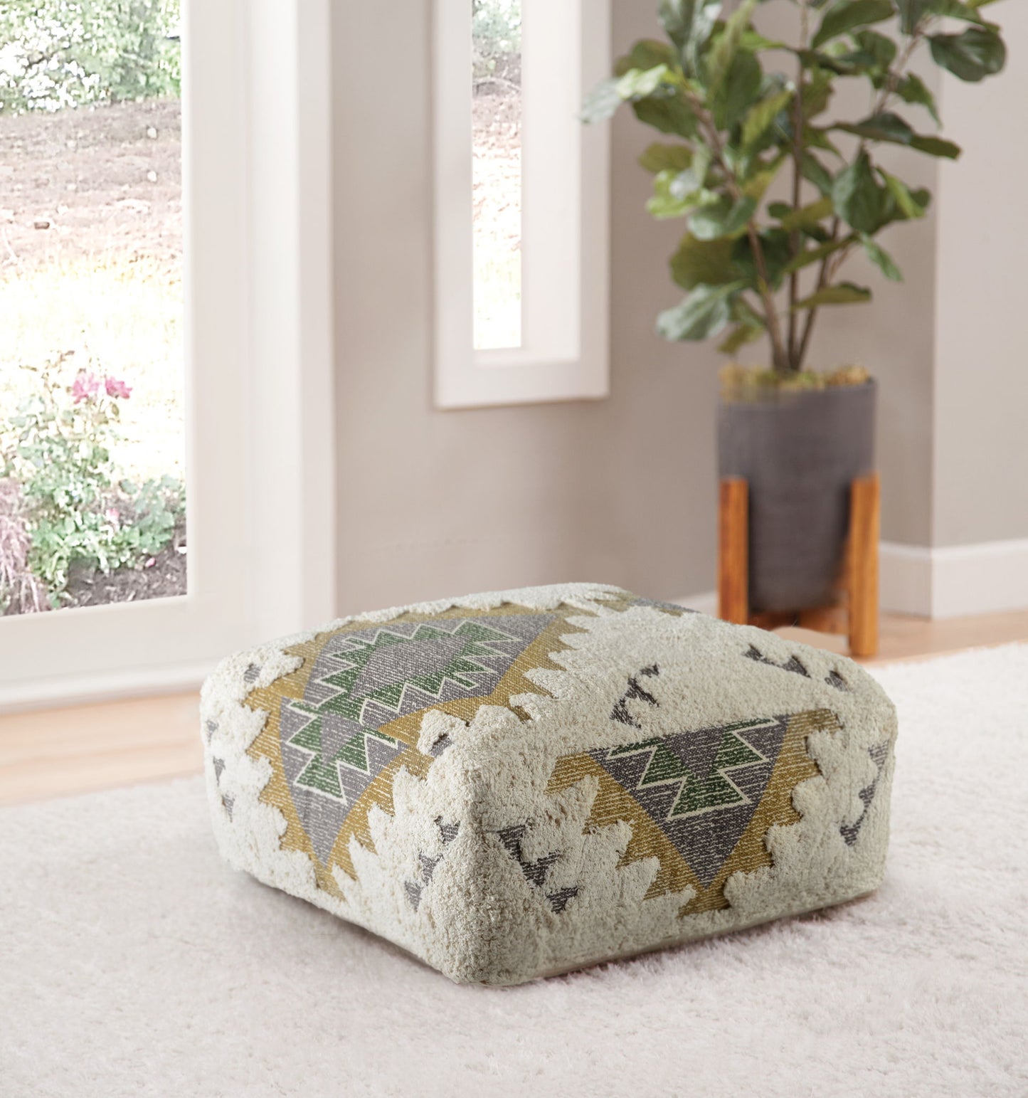 Lyssa - Jacquard Fabric Printed Pouf - Beige - Hornell Furniture Outlet