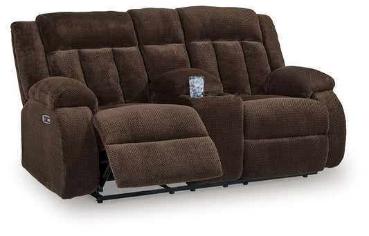 Free Wake - Double Relcining Power Loveseat With Console - Chocolate - Hornell Furniture Outlet