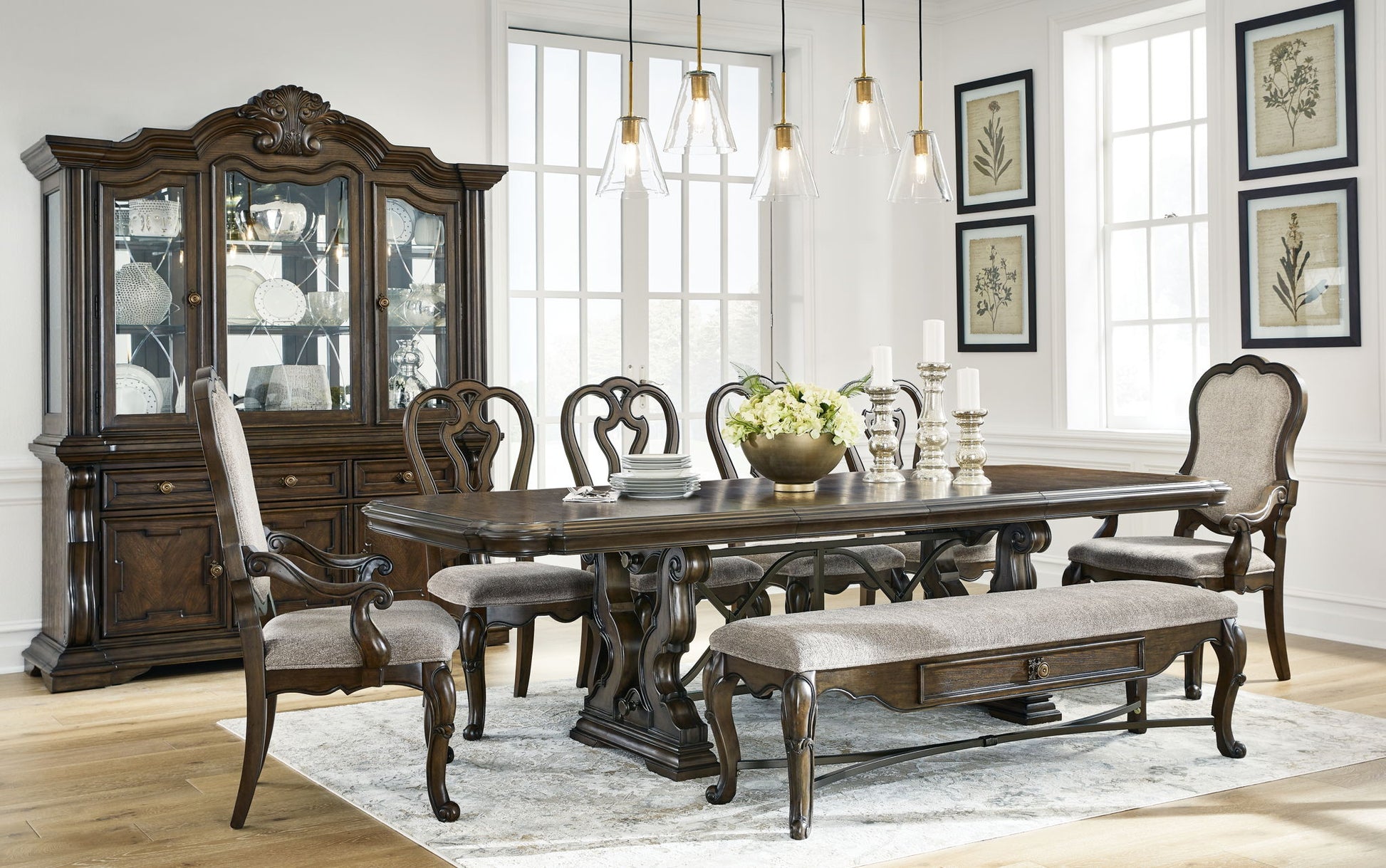 Maylee - Dark Brown - 11 Pc. - Dining Extension Table, 4 Side Chairs, 2 Arm Chairs, Storage Bench, Buffet And Hutch - Hornell Furniture Outlet