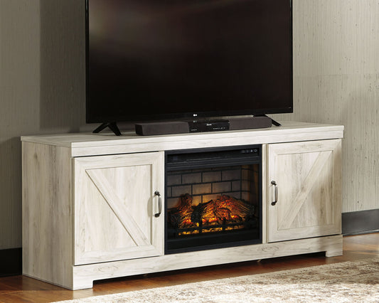 Bellaby - Whitewash - 63" TV Stand With Faux Firebrick Fireplace Insert - Hornell Furniture Outlet