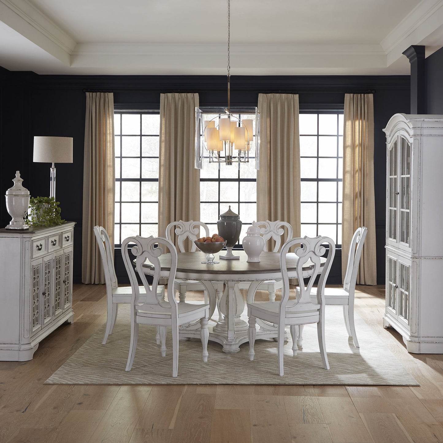 Magnolia Manor - 7 Piece Round Ped Table Set (Splat Back Side Chair) - White - Hornell Furniture Outlet