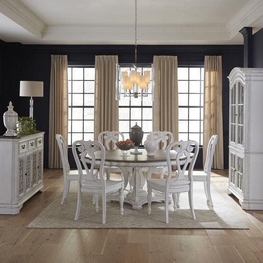 Magnolia Manor - 7 Piece Round Ped Table Set (Splat Back Side Chair) - White - Hornell Furniture Outlet