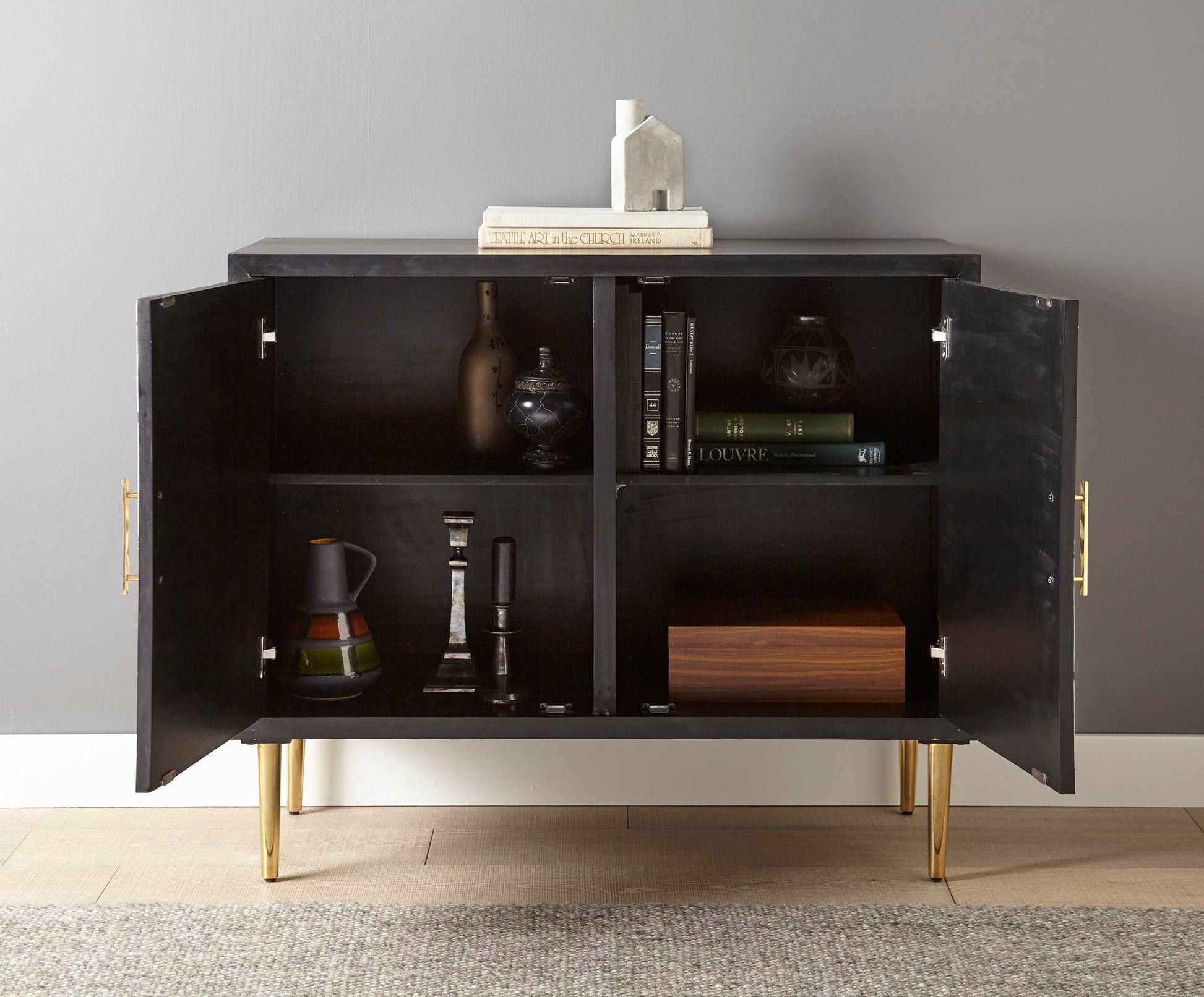 Benzara - 2 Door Bone Inlay Cabinet - Black - Hornell Furniture Outlet