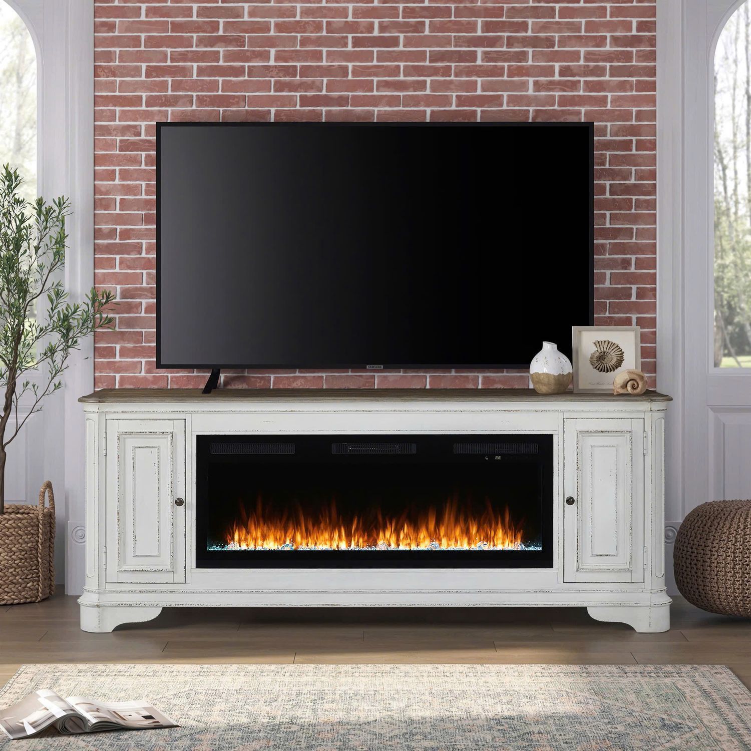 Fireplace TV Consoles - 244 82" Console With Fire FTS - White - Hornell Furniture Outlet