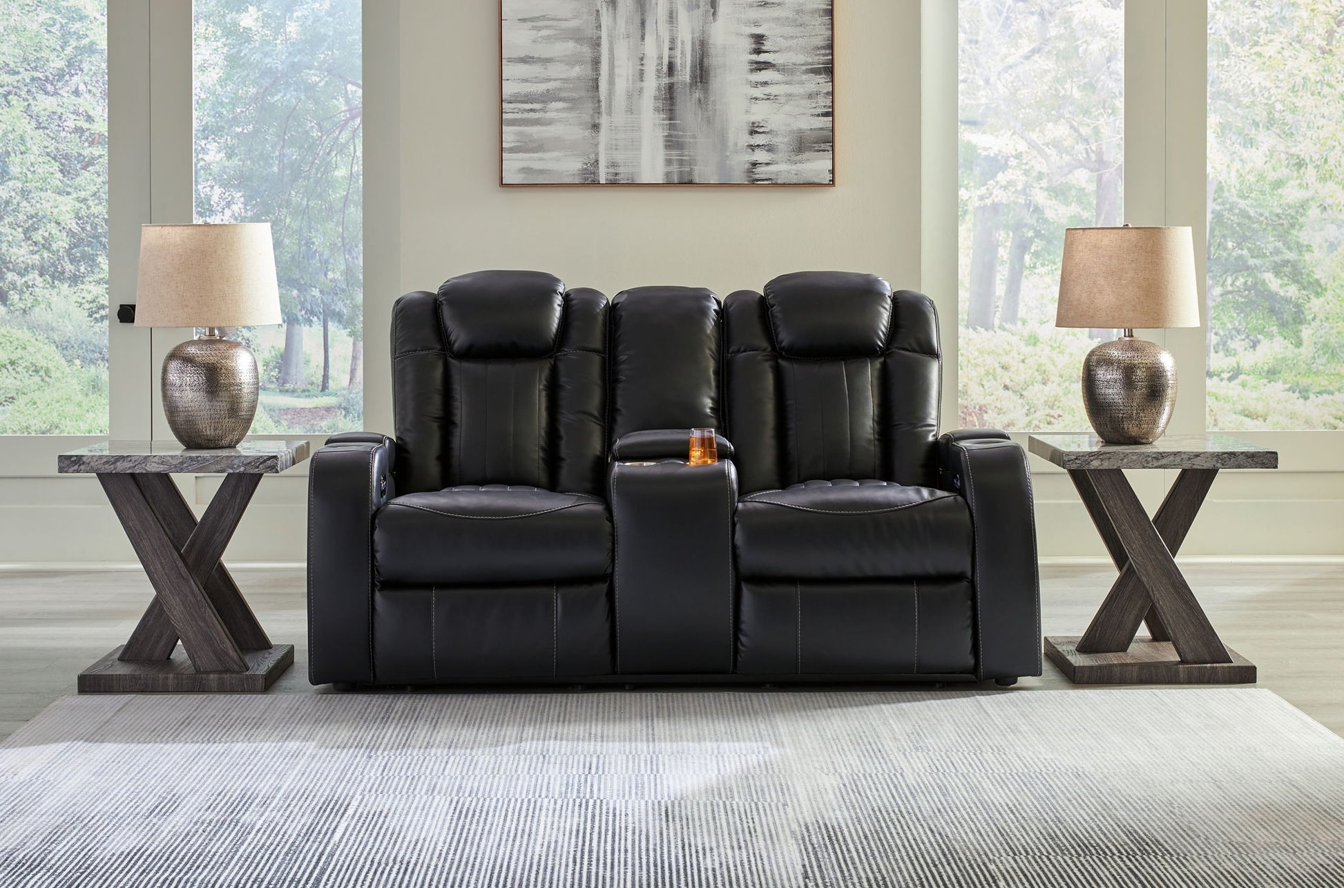 Caveman Den - Midnight - Power Reclining Loveseat with Console/ Adj Hdrst - Hornell Furniture Outlet