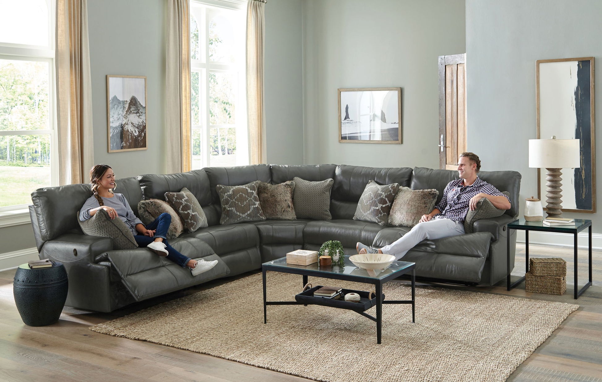 Como - 5 Piece Italian Leather Match Reclining Sectional - Hornell Furniture Outlet