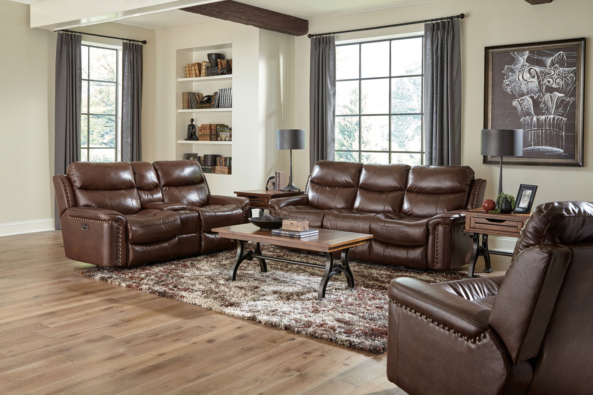 Ceretti - Power Reclining Console Loveseat - Brown Top Grain Italian Leather Match - Hornell Furniture Outlet