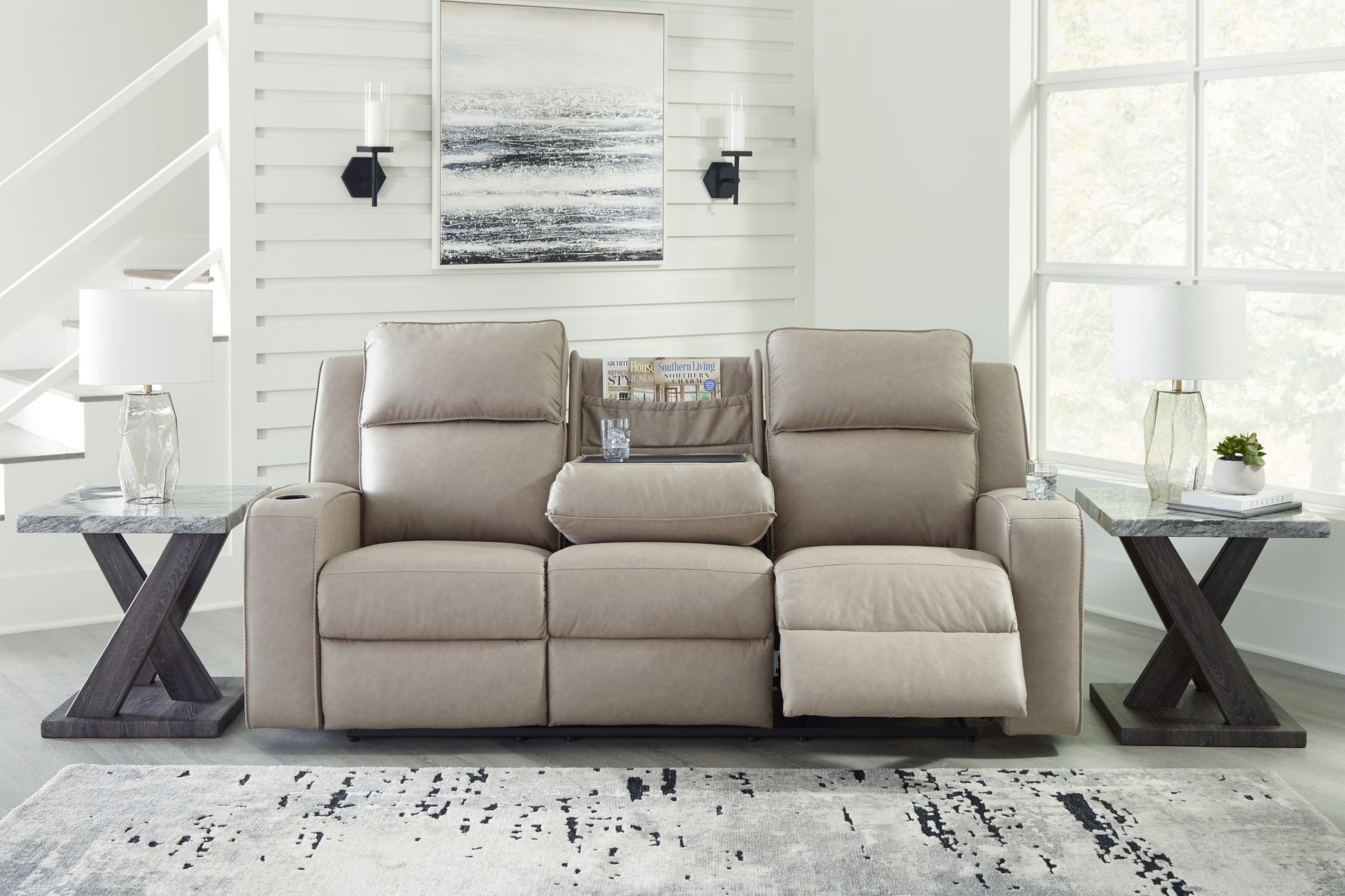 Lavenhorne - Pebble - Rec Sofa W/Drop Down Table - Hornell Furniture Outlet