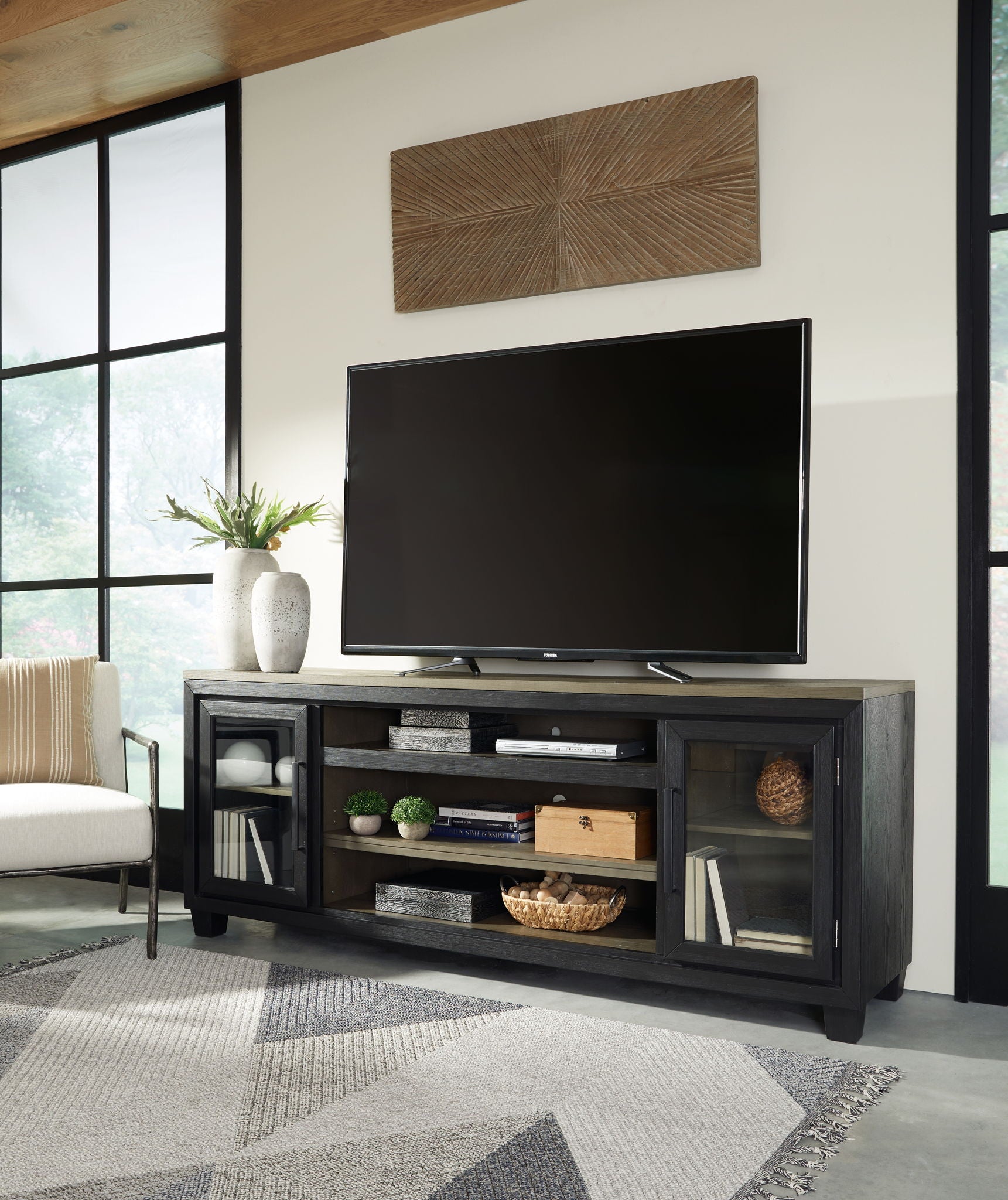 Foyland - Black / Brown - XL TV Stand w/Fireplace Option - Hornell Furniture Outlet