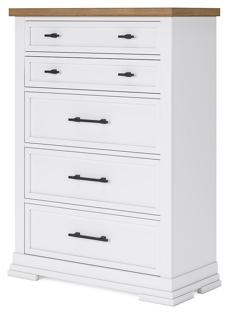 Ashbryn - White / Natural - Five Drawer Chest - Hornell Furniture Outlet
