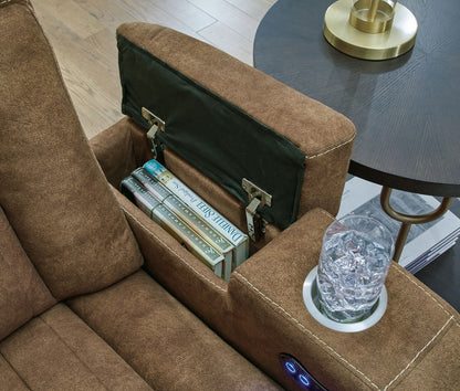 Wolfridge - Brindle - Power Reclining Loveseat With Console /Adj Hdrst - Hornell Furniture Outlet