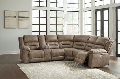 Ravenel - 3 - Piece Power Reclining Sectional With Laf Power Reclining Loveseat With Console - Faux Leather - Fossil - Hornell Furniture Outlet