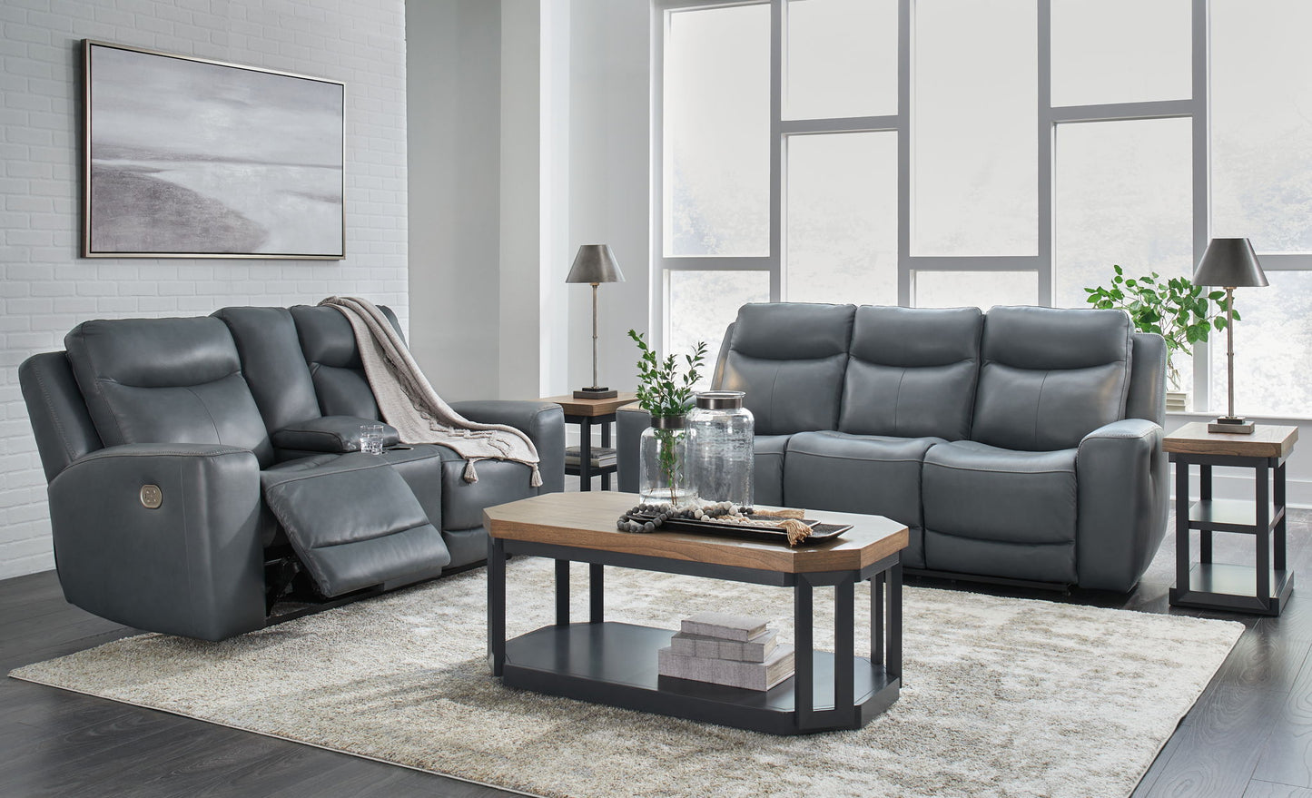 Mindanao - Steel - 2 Pc. - Power Reclining Sofa, Power Reclining Loveseat with Console - Hornell Furniture Outlet