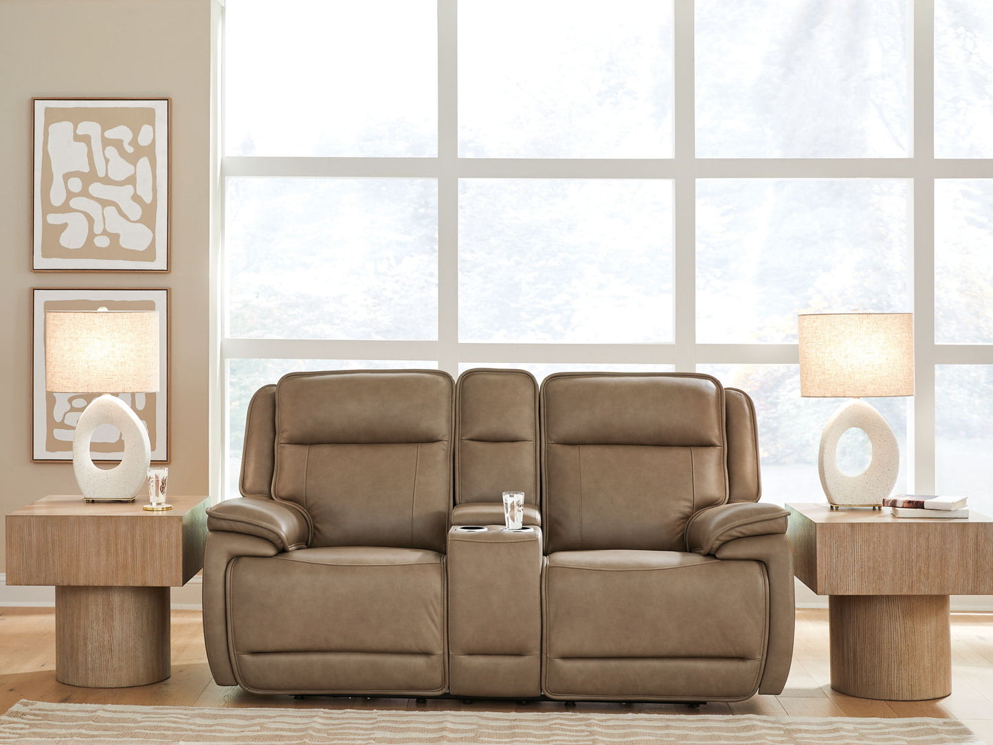 Glencroft - Power Reclining Loveseat With Console / Adjustable Headrest - Sahara - Hornell Furniture Outlet