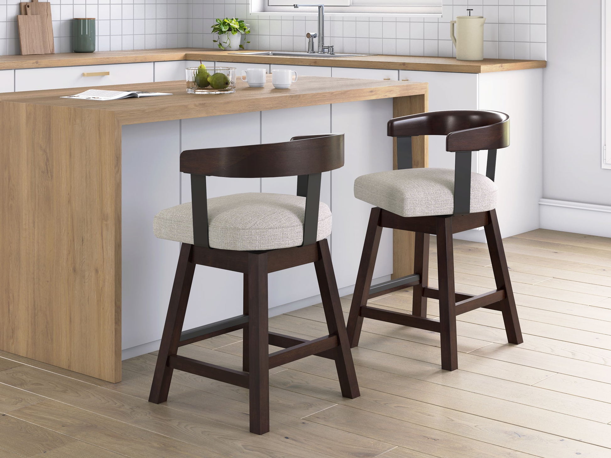 Haddigan - Upholstered Swivel Barstool (Set of 2) - Dark Brown - Hornell Furniture Outlet