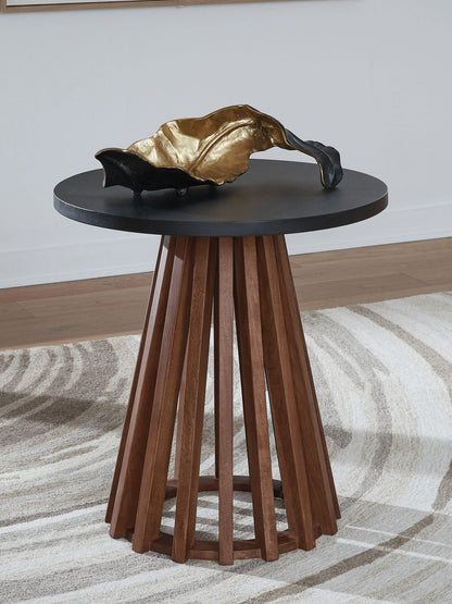 Kallari - Warm Brown / Black - Round End Table - Hornell Furniture Outlet