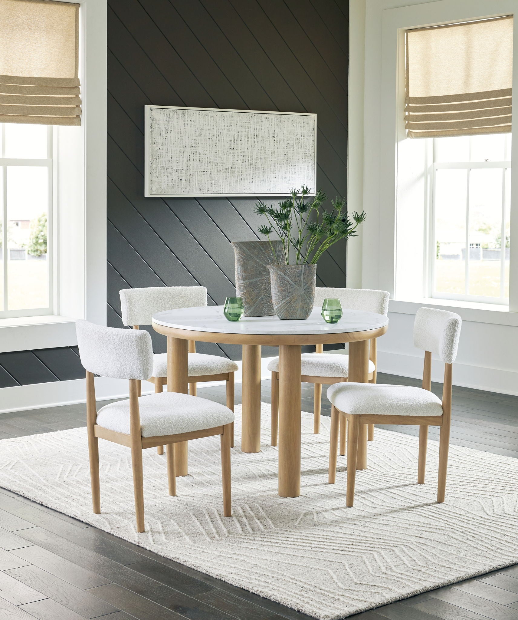 Sawdyn - White / Light Brown - 5 Pc. - Round Dining Room Table, 4 Side Chairs - Hornell Furniture Outlet
