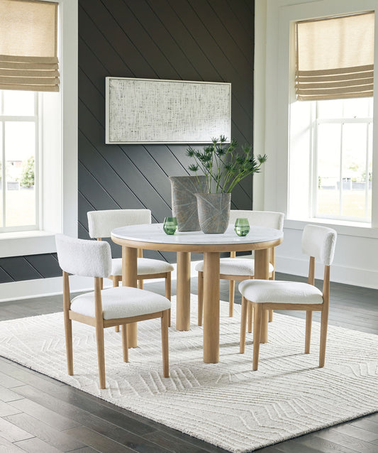 Sawdyn - White / Light Brown - 5 Pc. - Round Dining Room Table, 4 Side Chairs - Hornell Furniture Outlet