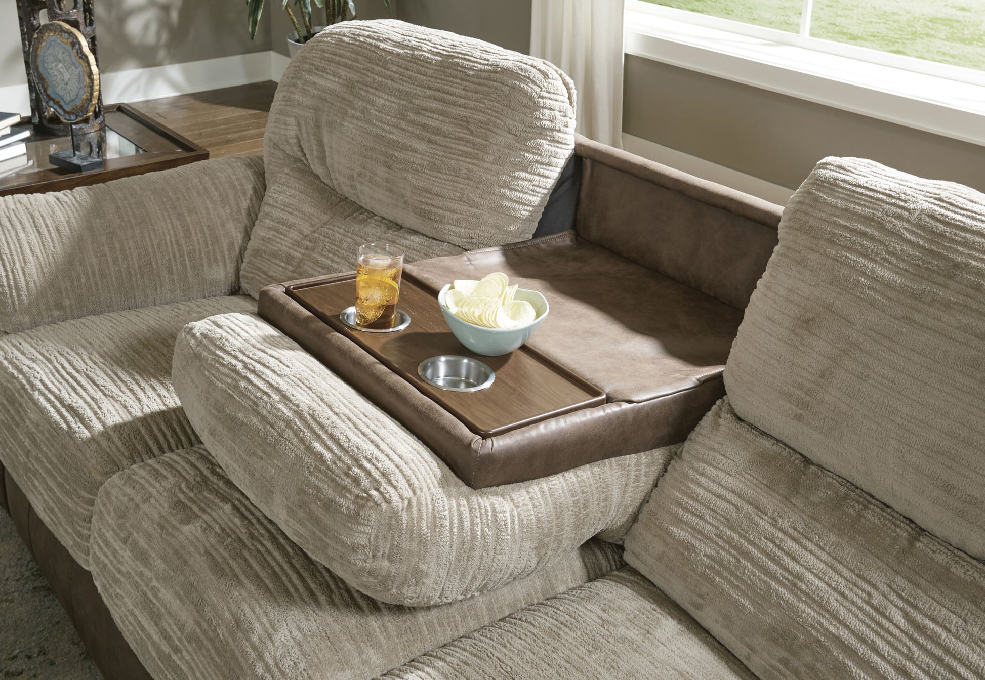 McMahon - Sofa With Drop Down Table - Bark - Hornell Furniture Outlet