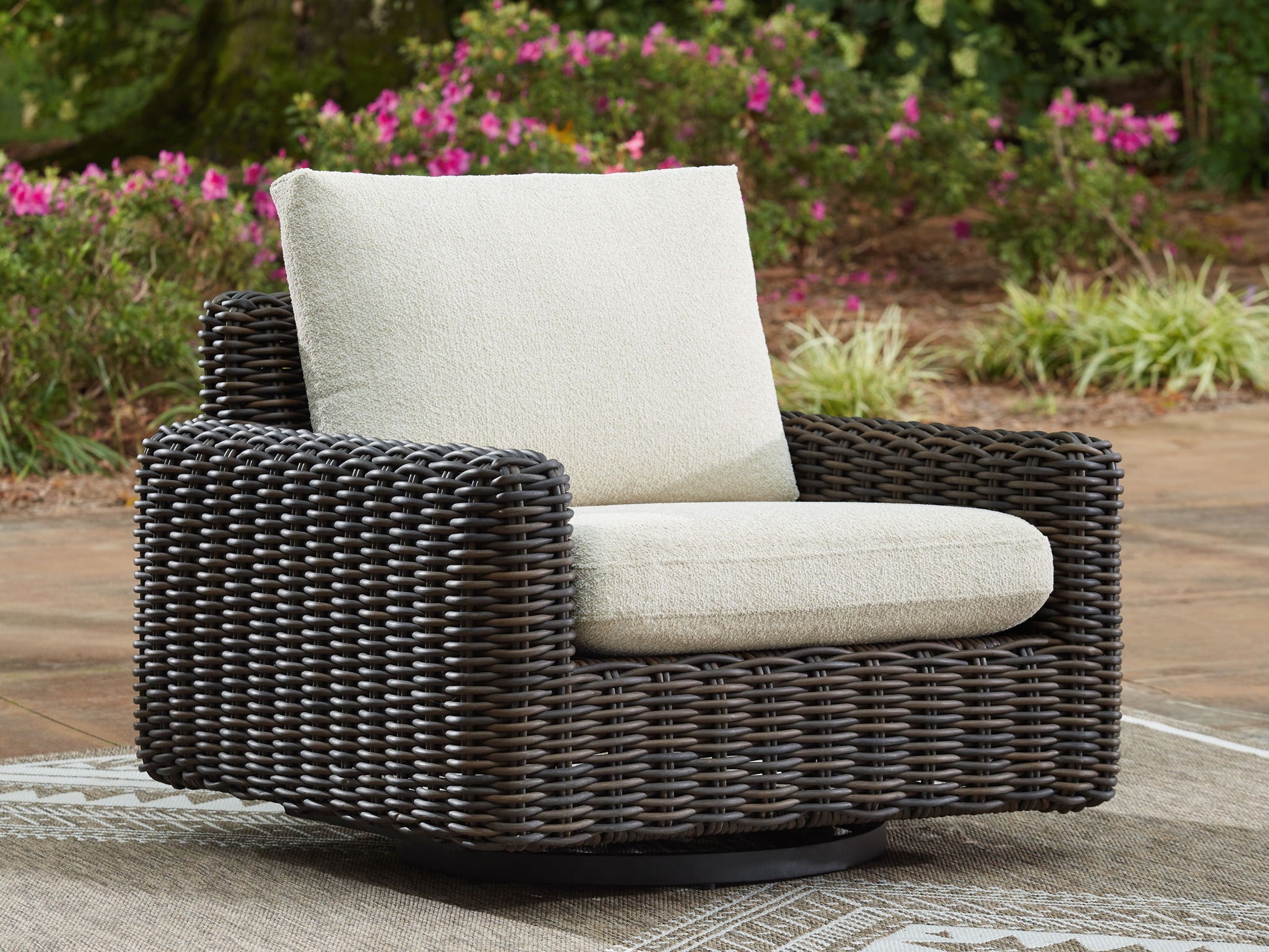 Kimora - 7 Pc. - 4 - Piece Outdoor Sectional, Swivel Glider Lounge, Cocktail Table, End Table - Beige / Dark Brown - Hornell Furniture Outlet