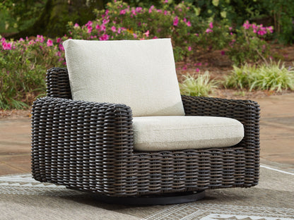 Kimora - 7 Pc. - 4 - Piece Outdoor Sectional, Swivel Glider Lounge, Cocktail Table, End Table - Beige / Dark Brown - Hornell Furniture Outlet