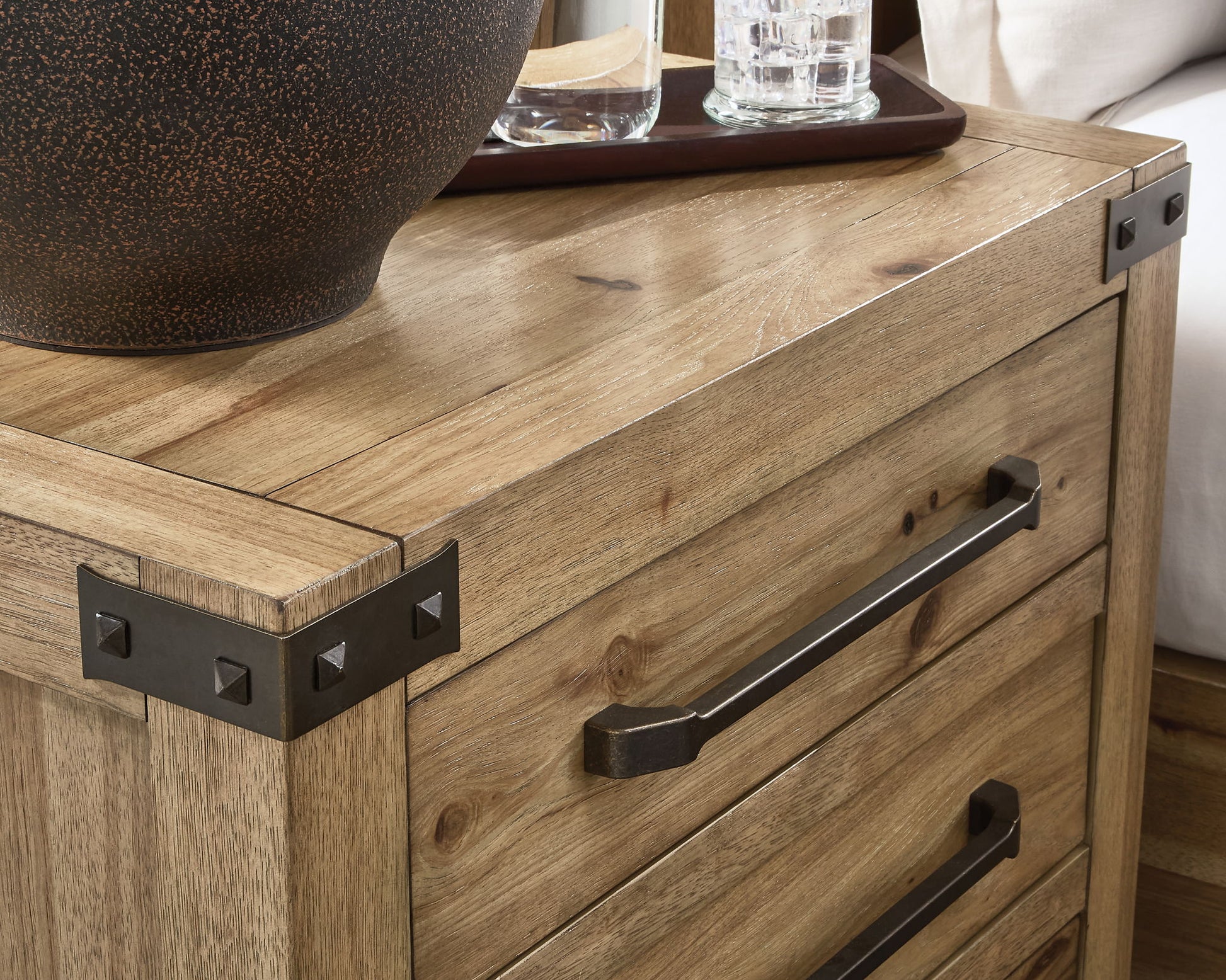 Ridgester - Three Drawer Night Stand - Light Brown - Hornell Furniture Outlet
