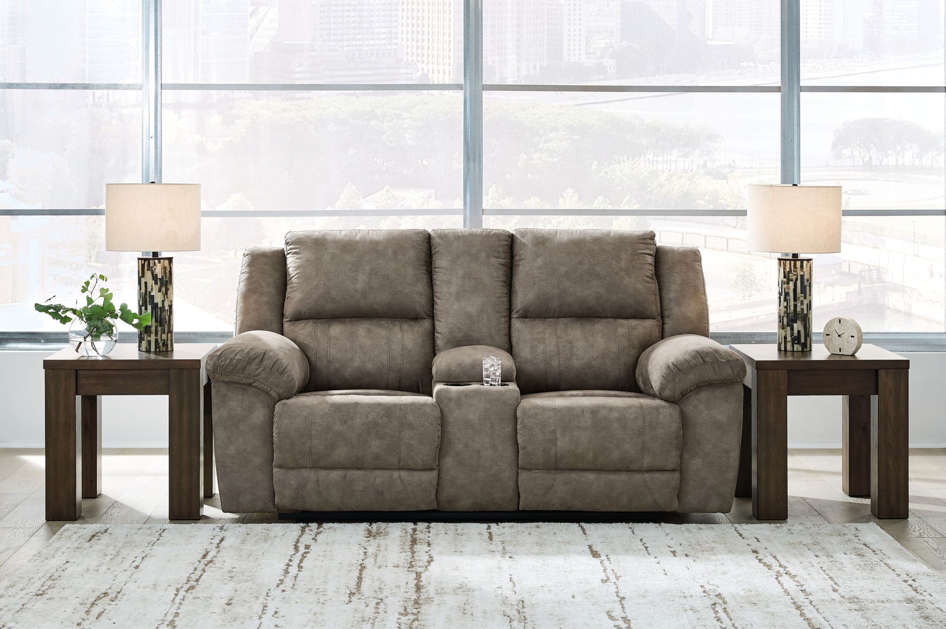 Laresview - Fossil - Dbl Reclining Loveseat with Console - Hornell Furniture Outlet