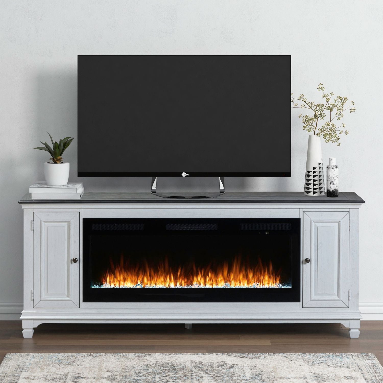 Fireplace TV Consoles - 417 80" Console With Fire FT - White - Hornell Furniture Outlet