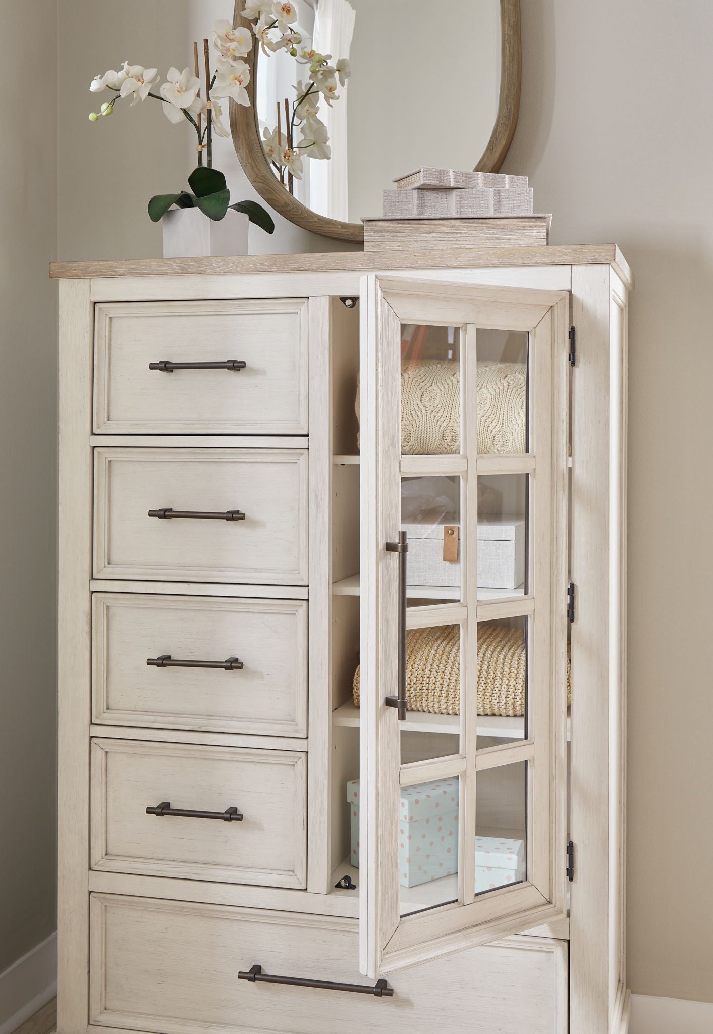 Shaybrock - Antique White / Brown - Door Chest - Hornell Furniture Outlet