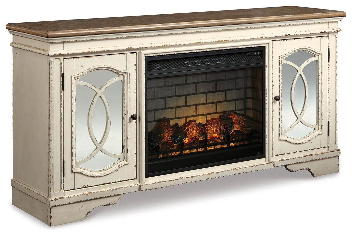 Realyn - Chipped White - 2 Pc. - 74" TV Stand with Electric Infrared Fireplace Insert - Hornell Furniture Outlet