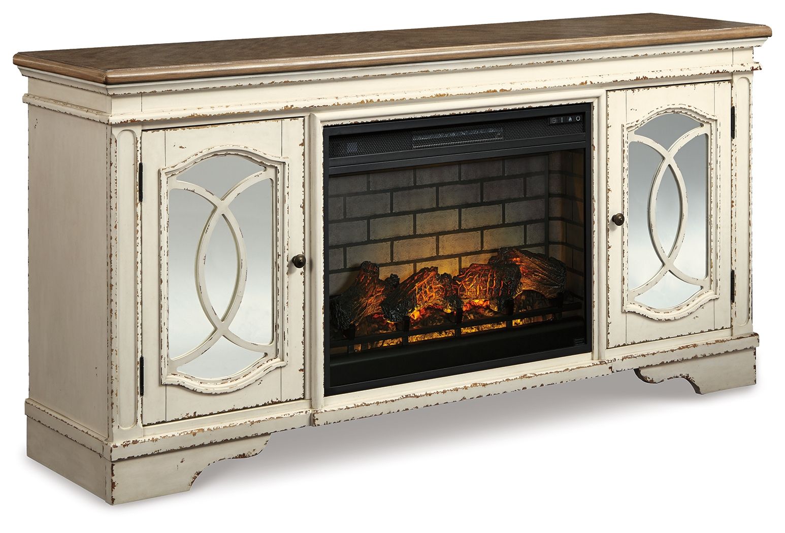 Realyn - Chipped White - 2 Pc. - 74" TV Stand with Electric Infrared Fireplace Insert - Hornell Furniture Outlet