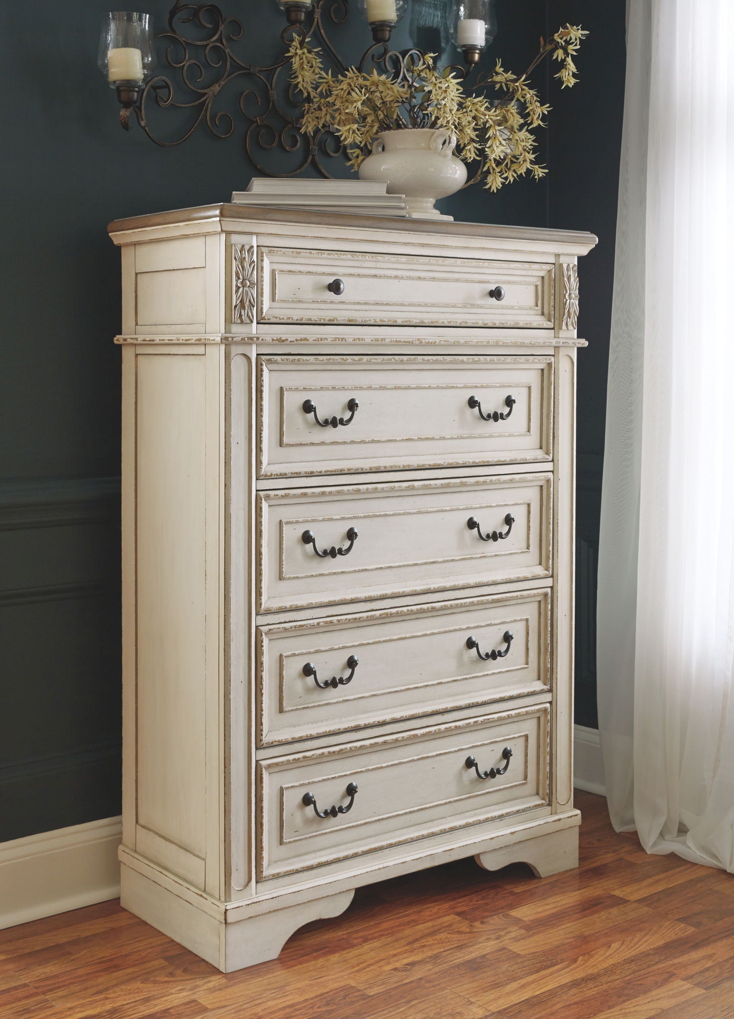 Realyn - White / Brown / Beige - Five Drawer Chest - Hornell Furniture Outlet