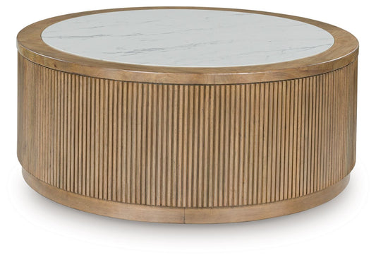 Camdill - Round Cocktail Table - Light Brown / White - Hornell Furniture Outlet