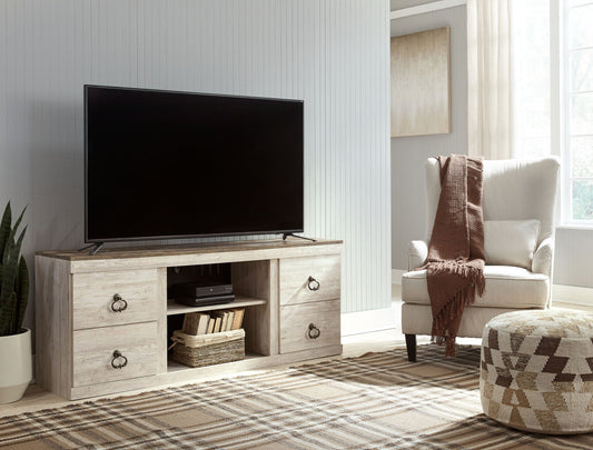 Willowton - Whitewash - 2 Pc. - TV Stand with Faux Firebrick Fireplace Insert - Hornell Furniture Outlet