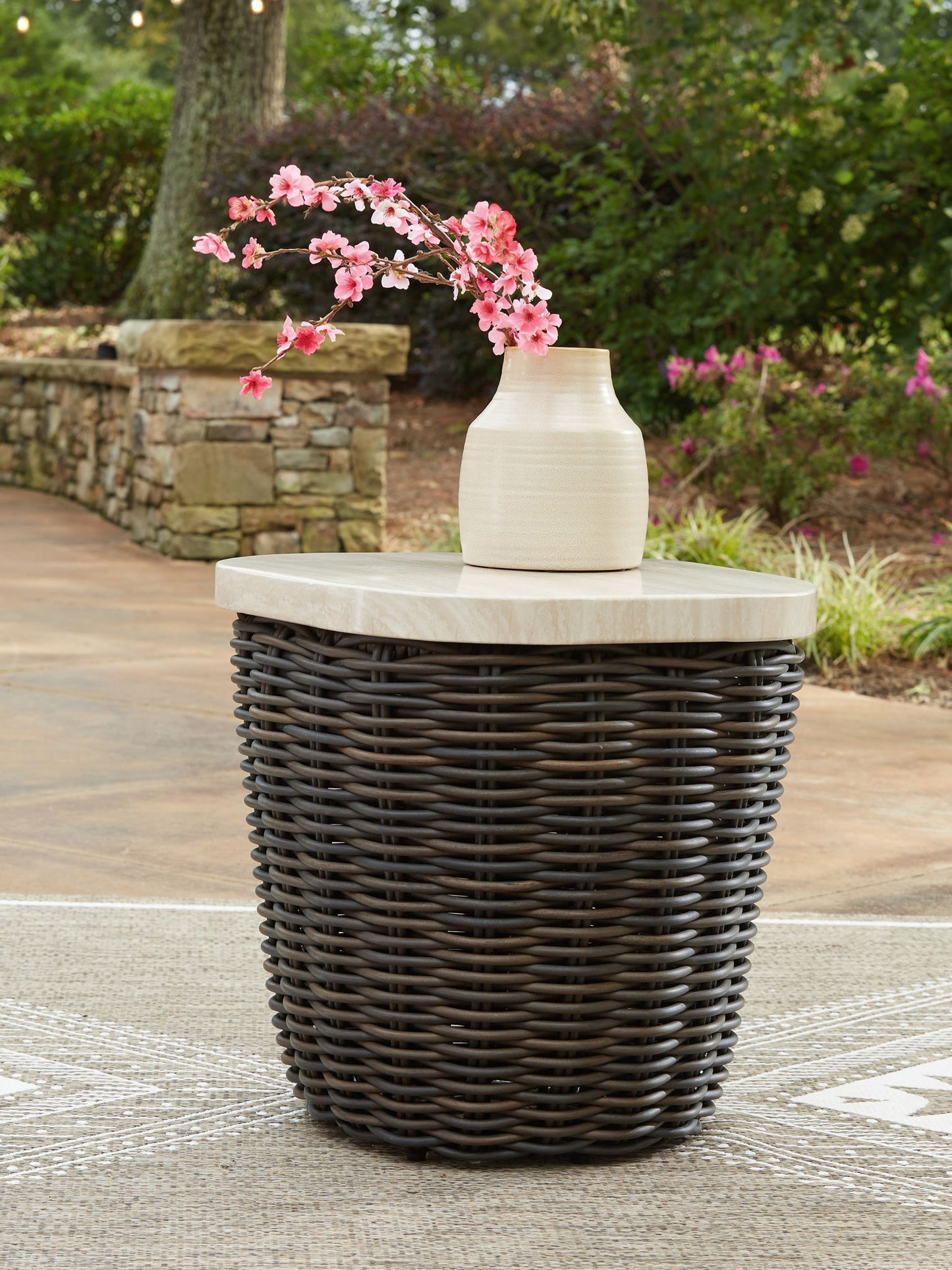 Kimora - Beige / Dark Brown - 7 Pc. - 4 - Piece Outdoor Sectional, Swivel Glider Lounge, Cocktail Table, End Table - Hornell Furniture Outlet