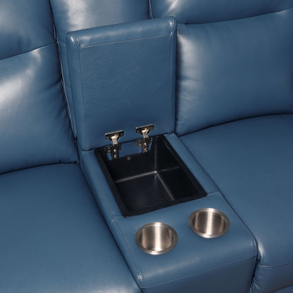 Sansa - Dual Power Reclining Loveseat With Console - Blue - Hornell Furniture Outlet