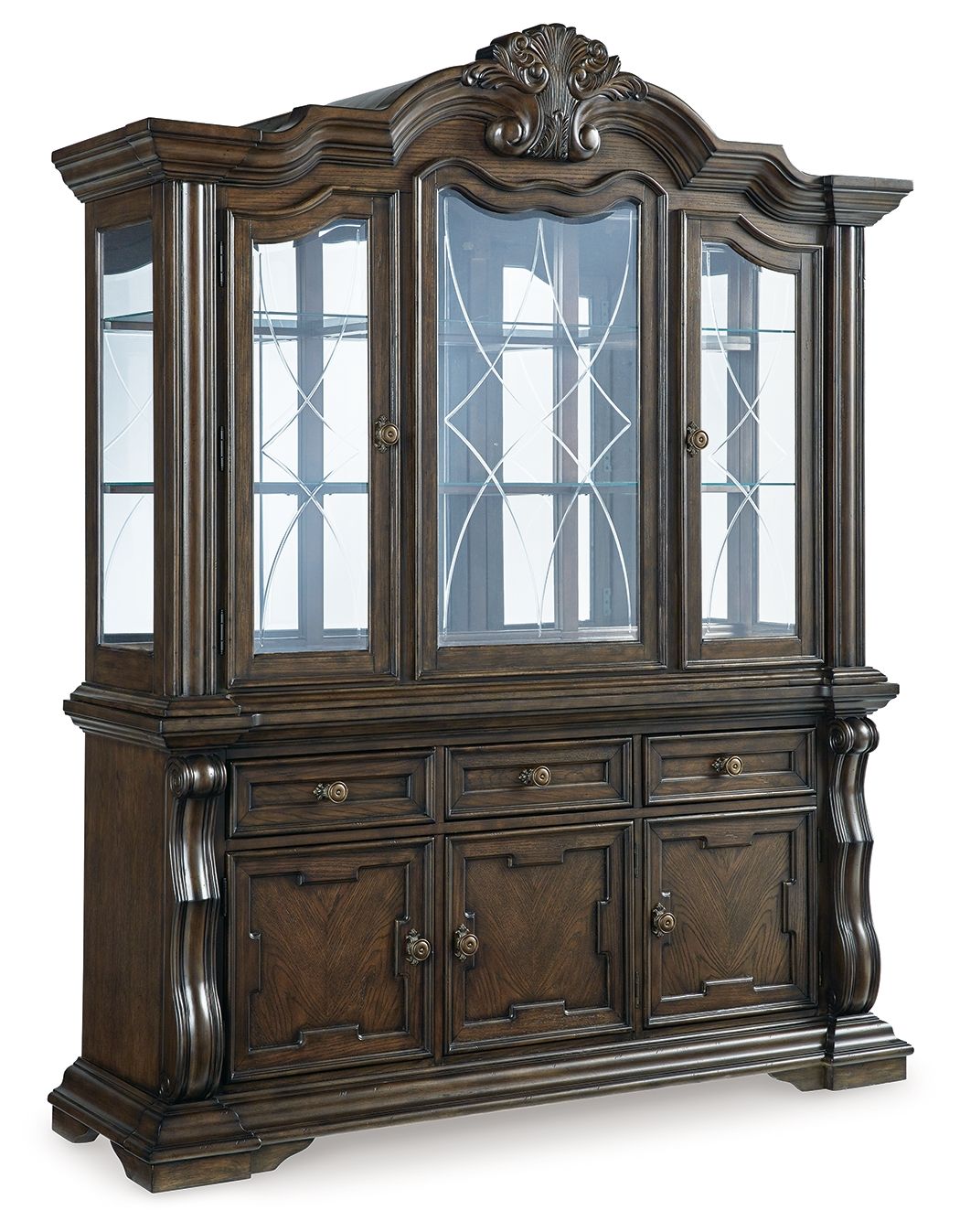 Maylee - 11 Pc. - Dining Extension Table, 4 Side Chairs, 2 Arm Chairs, Storage Bench, Buffet And Hutch - Dark Brown - Hornell Furniture Outlet