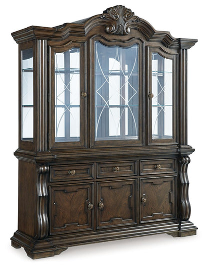 Maylee - 11 Pc. - Dining Extension Table, 4 Side Chairs, 2 Arm Chairs, Storage Bench, Buffet And Hutch - Dark Brown - Hornell Furniture Outlet