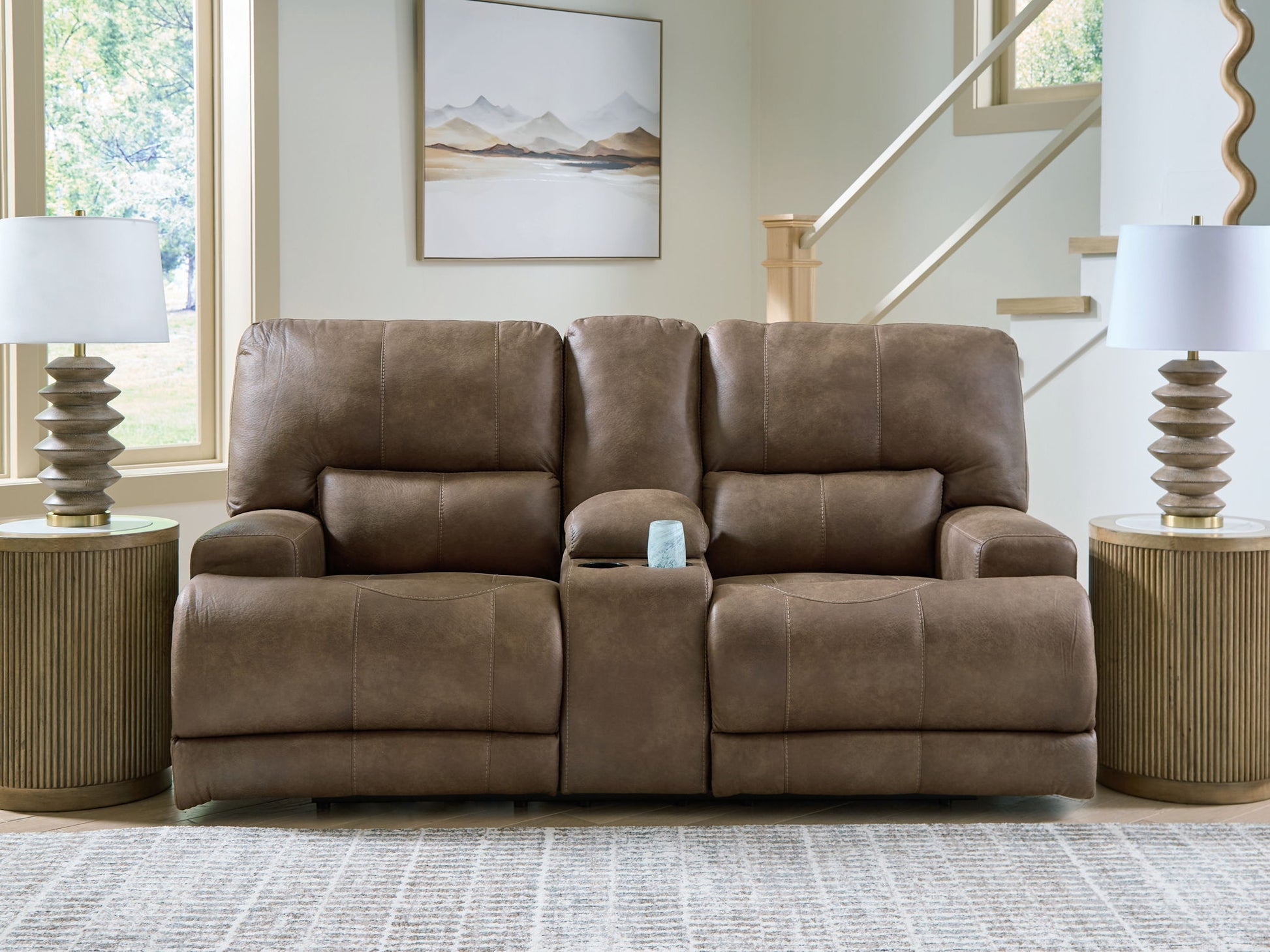 Beckley Place - Earth - Power Reclining Loveseat With Console / Adjustable Headrest - Hornell Furniture Outlet