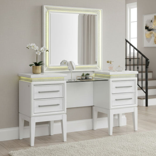 Reflections - Vanity Desk - Pearl White & Rhinestone - Hornell Furniture Outlet