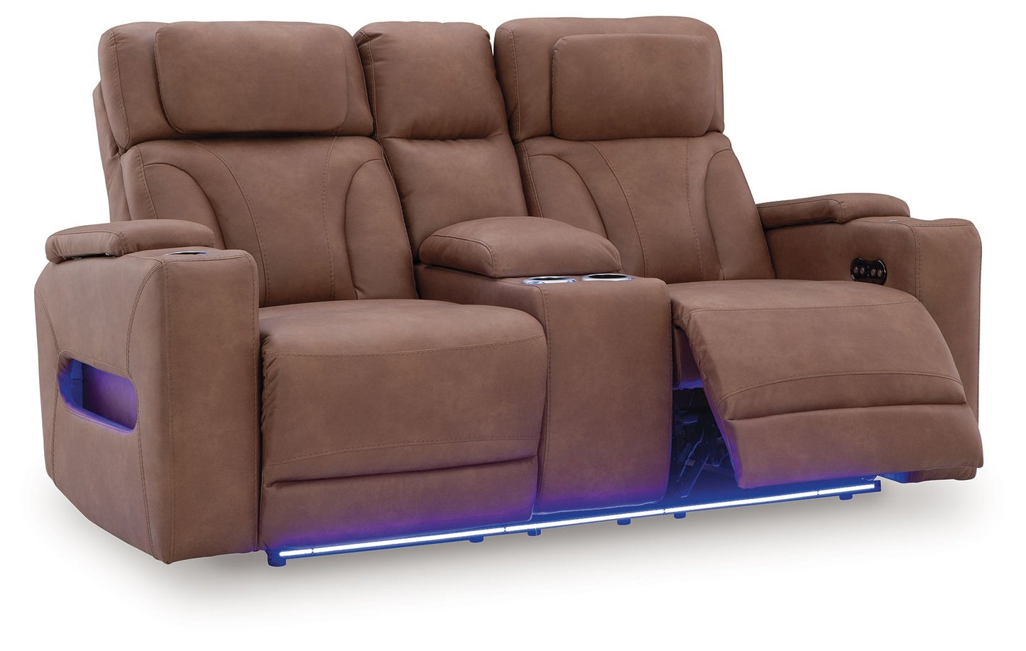 Clean - Slate - Caramel - Power Reclining Loveseat With Console / Adj Headrest - Hornell Furniture Outlet